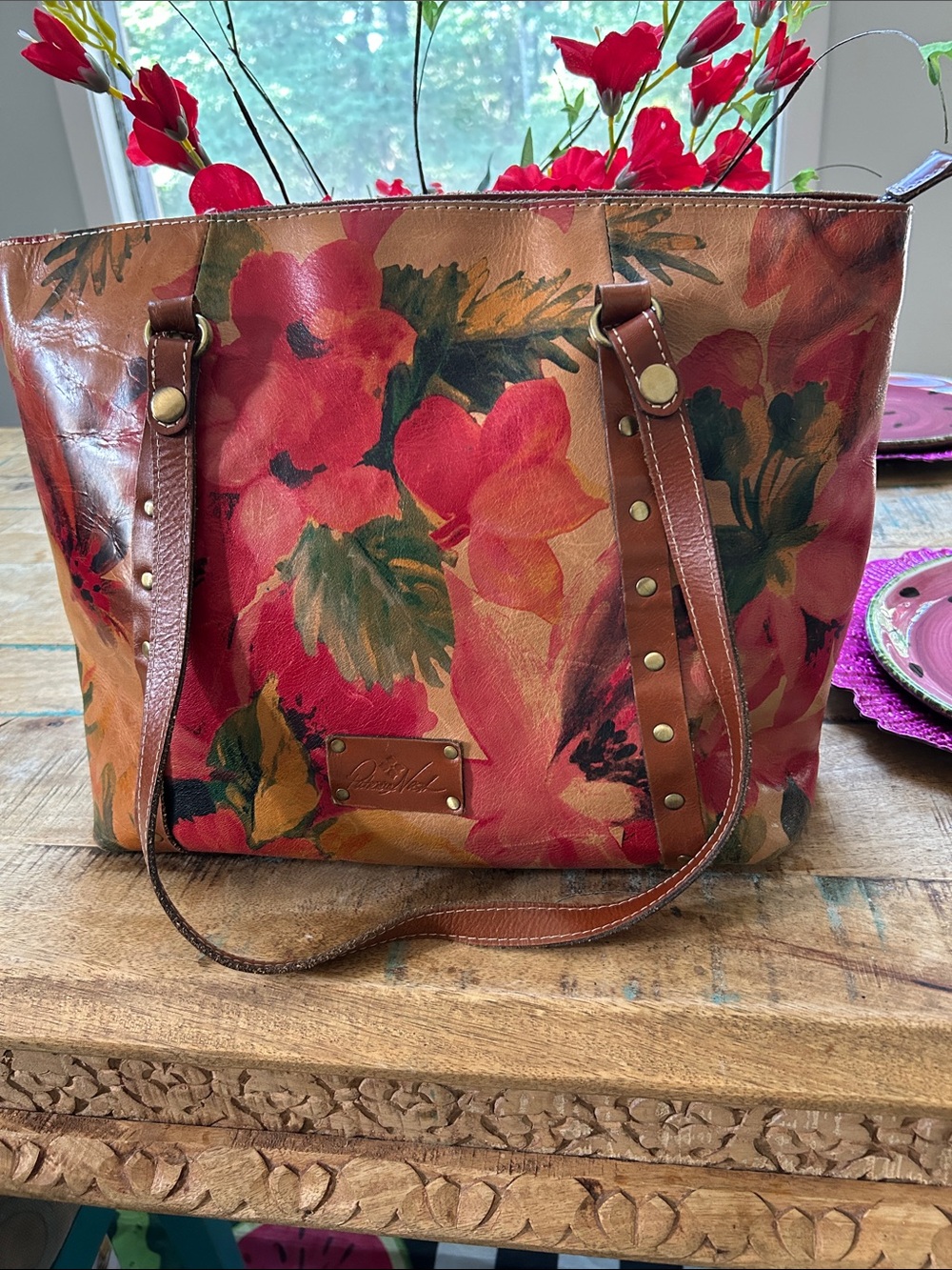 Jessica Nash Floral Tote in Red and Brown Multi new inside and out